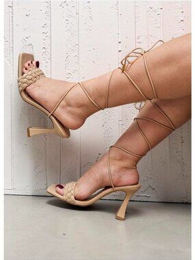 Braided Beige Lace-Up Heels With Square Toe & Stiletto Heel Design